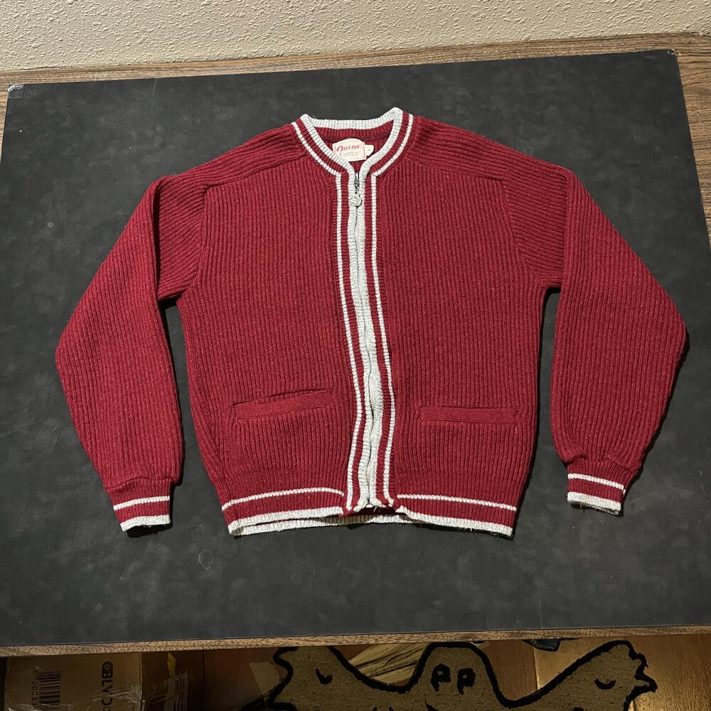 Vintage Campus Sweater 1950s Men Tennis Red Zip Cardigan Orlon Acrylic Made USA